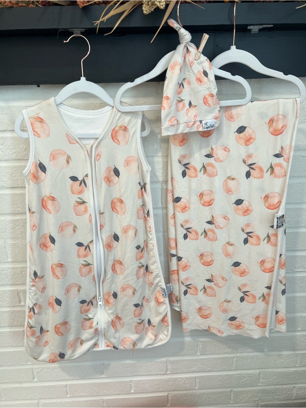 Copper Pearl Peach Print Baby Sleep Sack, Hat, and Swaddle Blanket